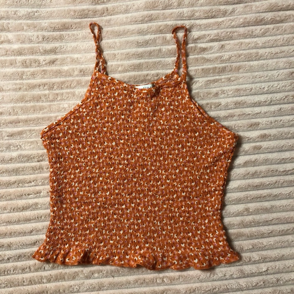 Floral Waffle Texture Orange Halter Top XS with Tiny White Flowers